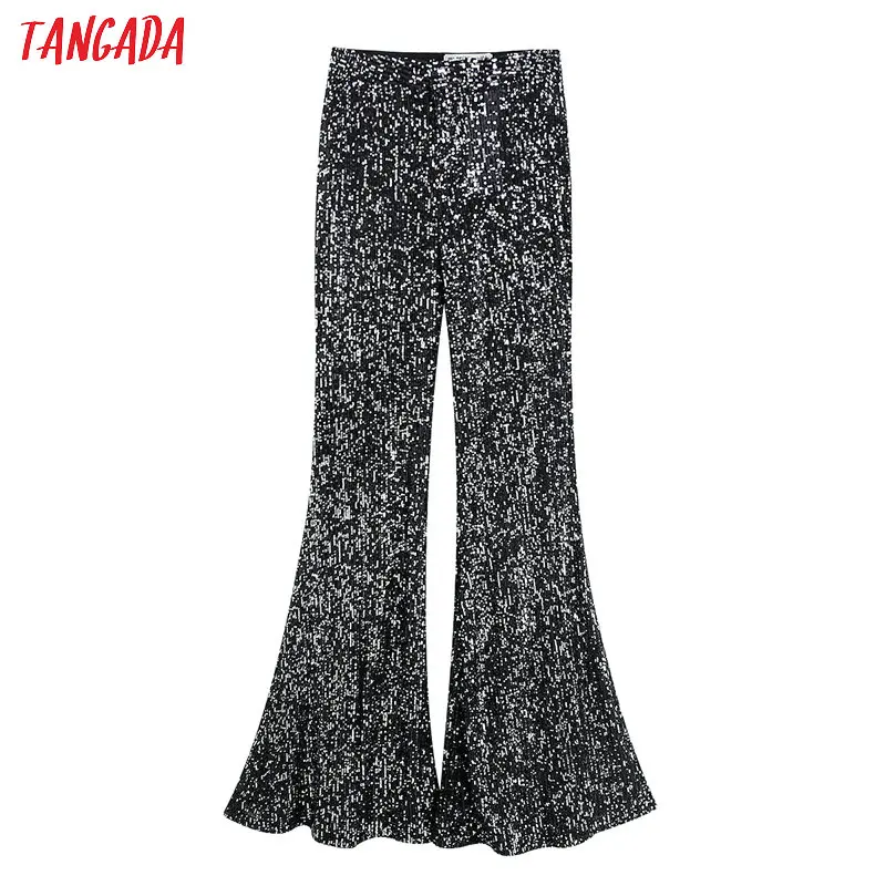 

Tangada fashion women Sequined flare pants trousers sexy lady party club long pants pantalon BE126