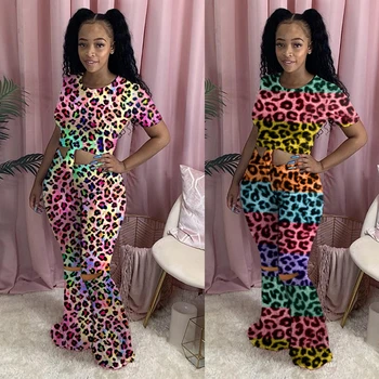 

ZOOEFFBB Sexy Leopard Plus Size Two Piece Set Fashion Fall Clothing Top+Flare Pants Lounge Wear Outfits Matching Sets for Women