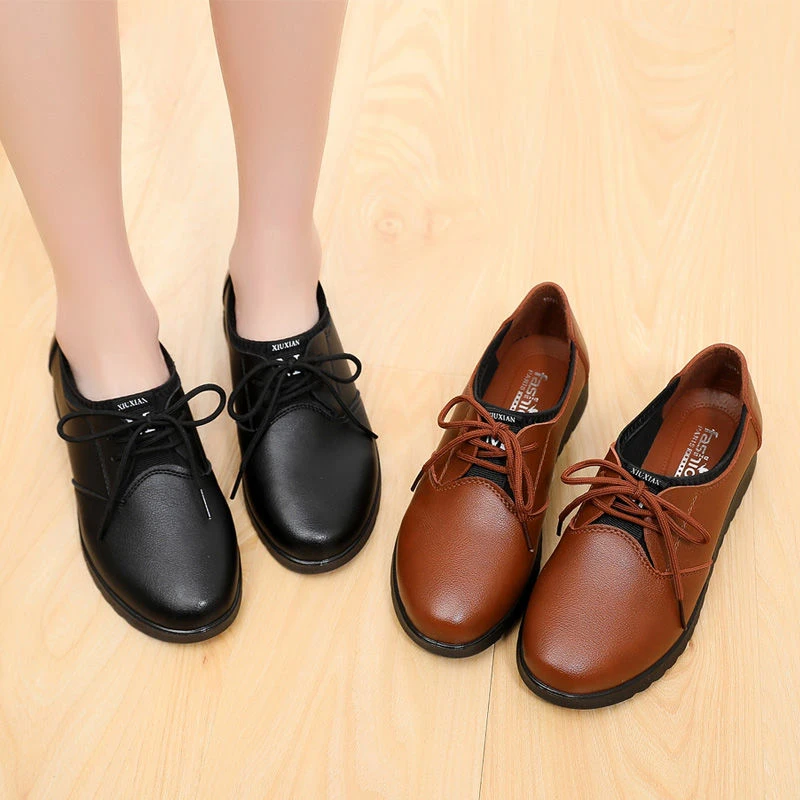 Mocasines de piel con cordones para mujer, zapatos planos con cuña, para otoño e invierno, talla grande 42|Zapatos planos de mujer| - AliExpress