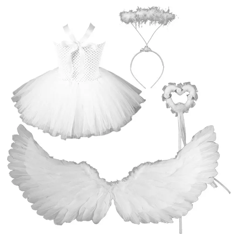 

Toddler Girls Angel Costume Set White Tutu Dress Feather Wings Headband Wand