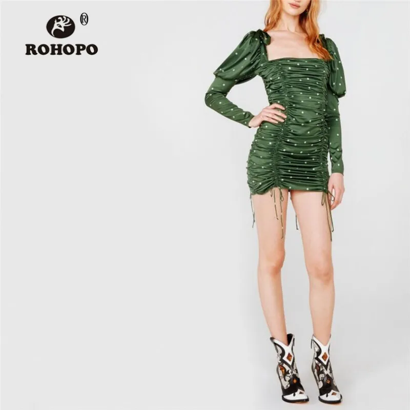 

ROHOPO Long Puff Sleeve Bow Shoulder Draped Bodycon Green Dress White Polk Dot Adjustable Length Square Collar Vestido #6085