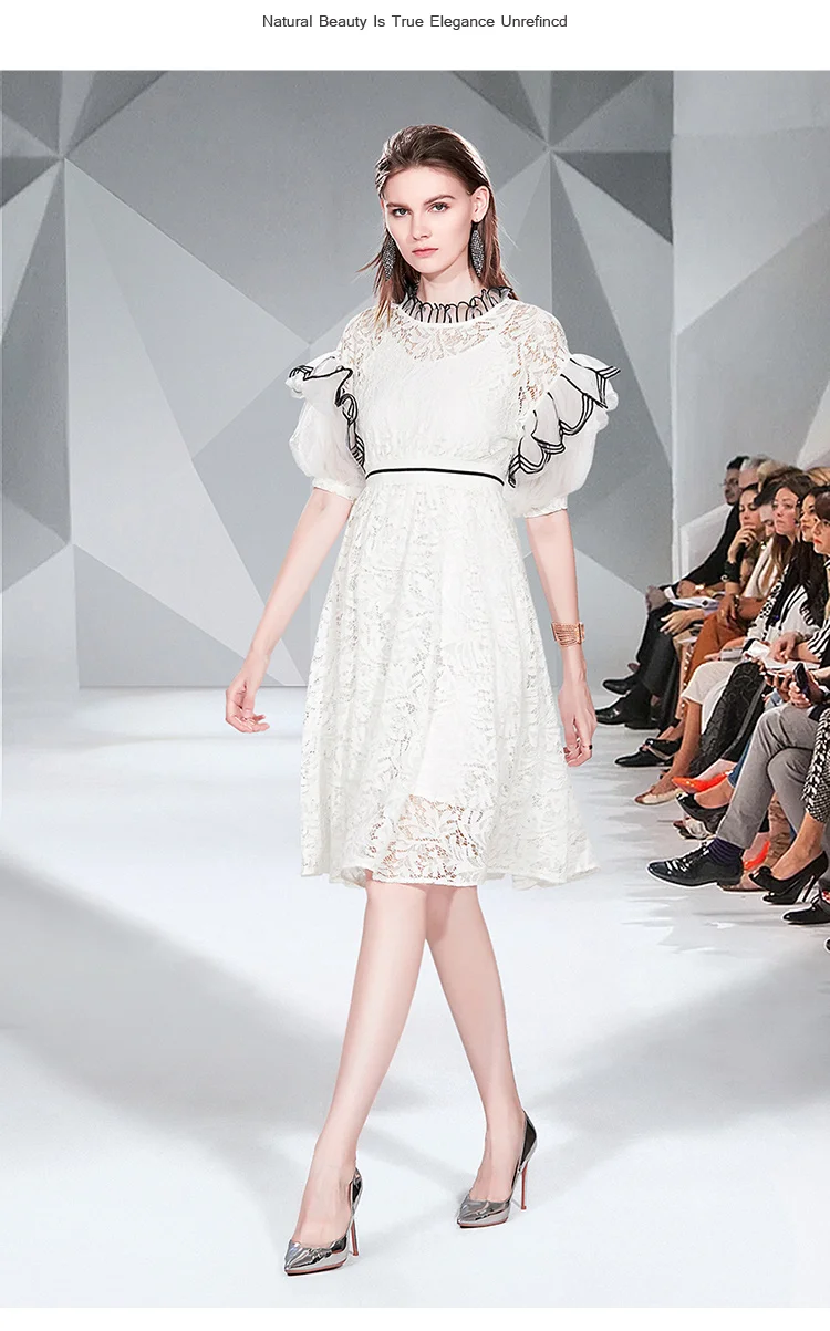 Summer New Arrive Runway Women Lace Dress Floral Hollow Out Puff Sleeve Female Midi Dress ruffled Collar Ladies Dresses