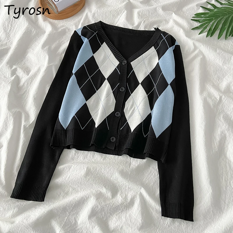 

Retro Argyle Cardigan Women Gentle Single Breasted Long Sleeve Knitted Tops Loose All-match Preppy Style V-neck Cropped Sweaters