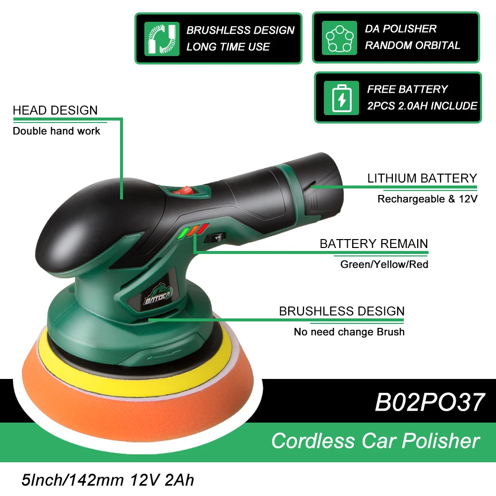 with 2pcs 12V Lithium Rechargeable Battery Brushless Polisher with Variable Speed 2.0Ah Portable Buffer Kit for Buffer/Polisher/sander BATOCA Cordless Car Buffer Polisher 