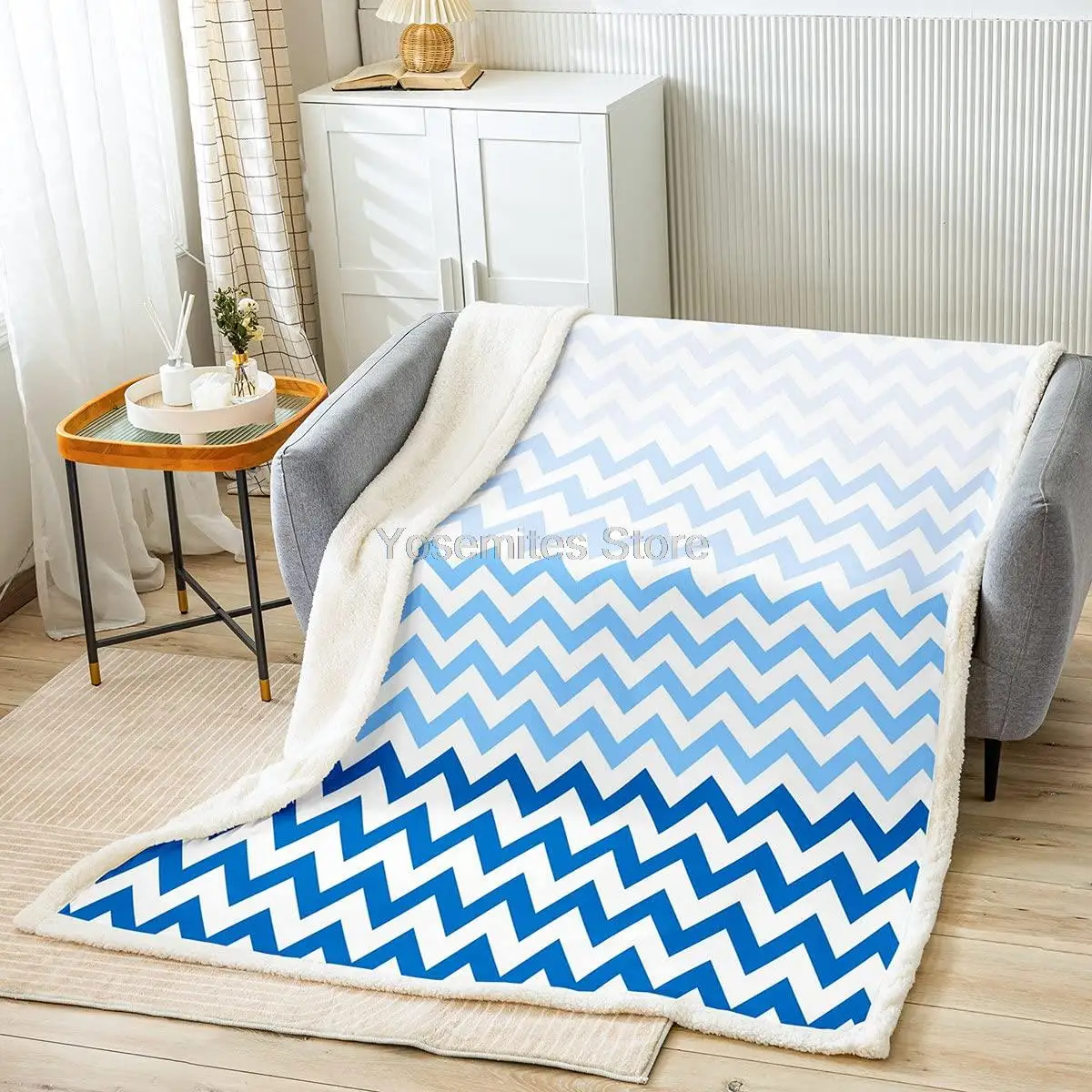 

Castle Fairy Sea Wave Geometrical Print Sherpa Fleece Blanket Gradient Blue White Stripes Throw Blanket Kids Teens Adults,Minima