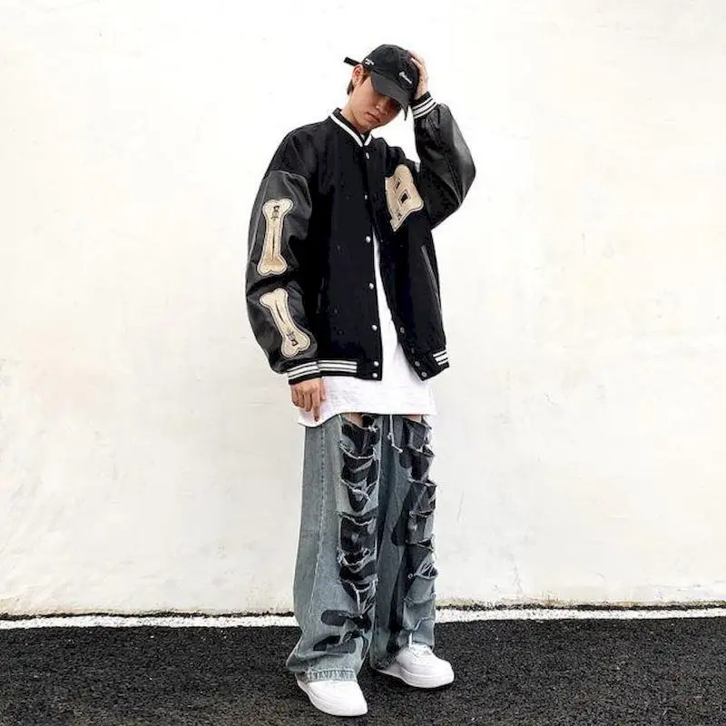 High street men's jacket spring autumn national fashion hip-hop woolen vintage baseball jacket men's loose street coat unisex