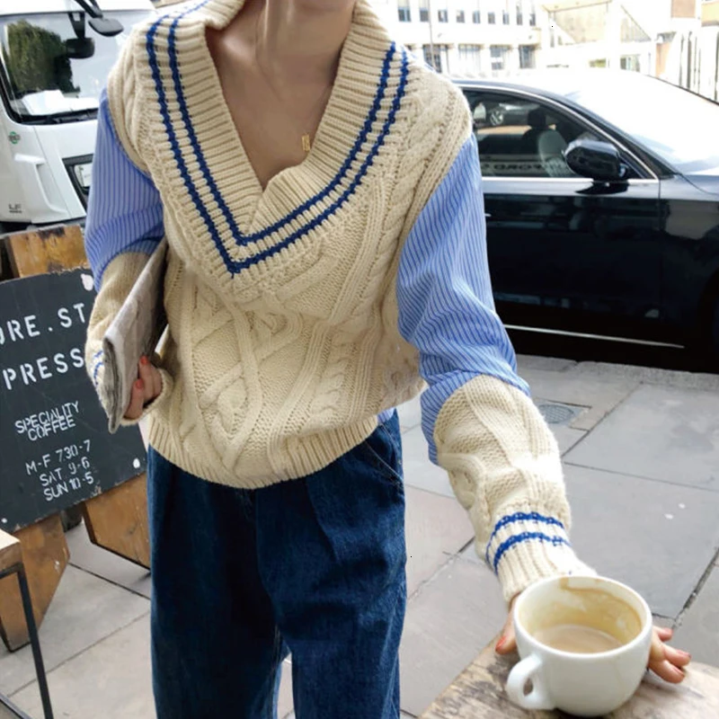 

Patchwork Hit Color Knitting Pullovers Female V Neck Long Sleeve Casual Autumn Sweaters For Women OL Knitted Women Sweater