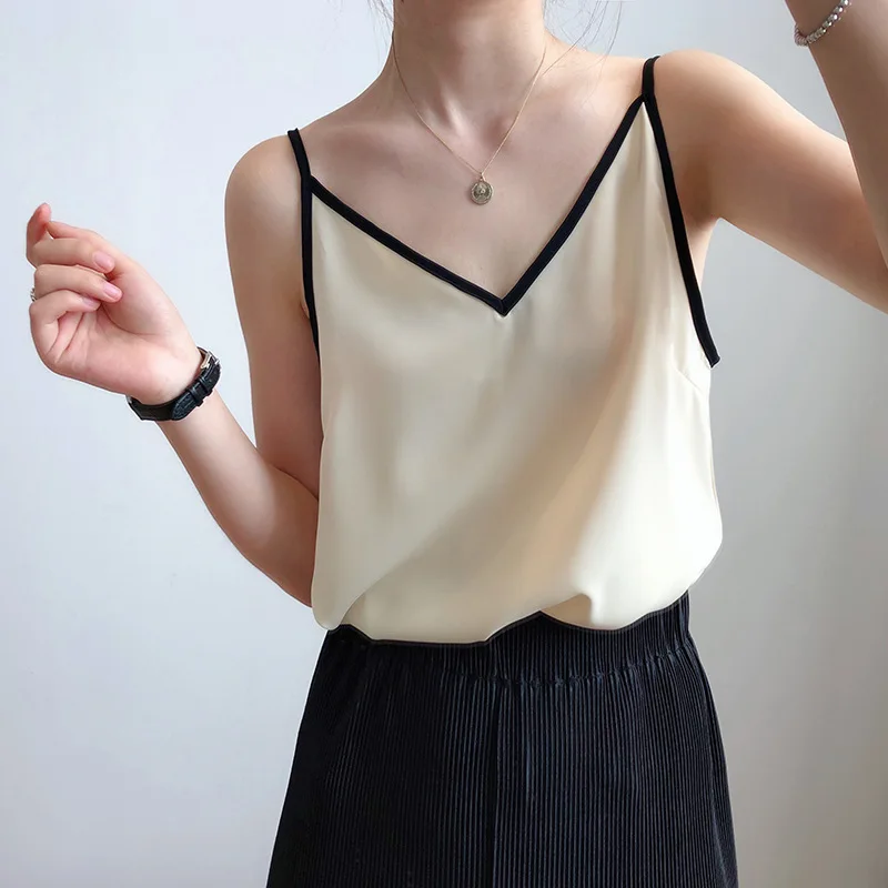 

2019 Summer Women Deep V Neck Camis Fashion Elegant Patchwork Chiffon Camisole Tank Tops