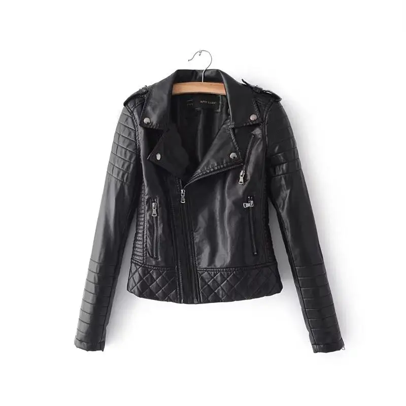FMFSSOM Women's Leather Jacket Motorcycle Long Sleeve Zipper Soft Faux Leather Jackets White Ladies Female Coats Outerwear - Цвет: Black