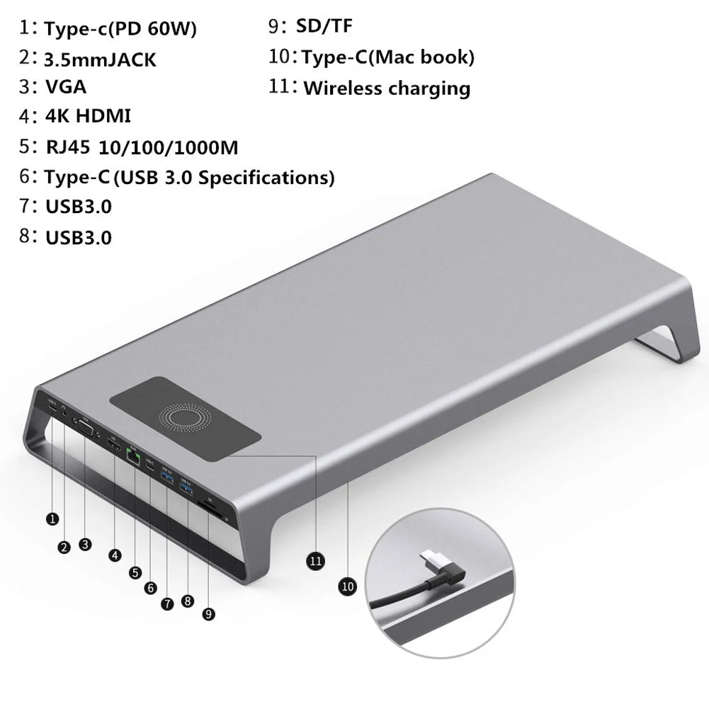 Алюминиевый монитор Стенд док-станция с USB C концентратор Поддержка 4K HDMI VGA TF карта беспроводной зарядки IJS998