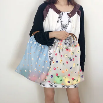 

New Shopping Bag Simple Embroidery Small Fairy Style European Root Yarn Slub Handle Handbag