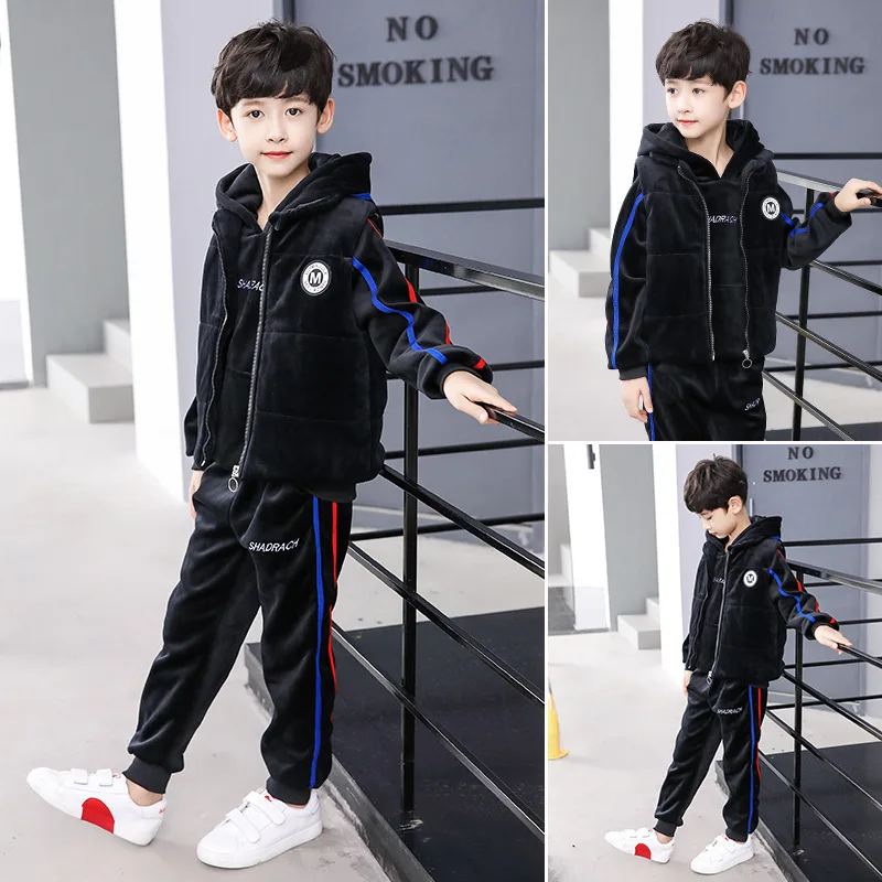 

Childrenswear 2018 Autumn New Style BOY'S Webbing Hooded Double-Sided Gold Velvet Three-piece Set