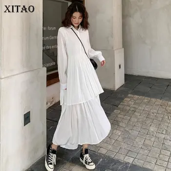 

XITAO Tide Plus Size Pleated Black White Dress Women Clothes 2020 Spring Turn Down Collar Full Sleeve Elegant Dresses DMY3508