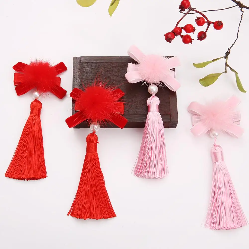 

2pcs/lot Chinese Headdress Flower Buds Red Pink Barrettes Baby Antique Tassels Hair Clip Hairpin Headband Girls Hair Accessories