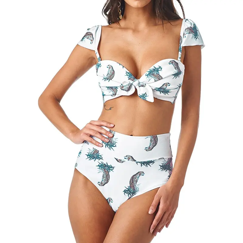 

2019 Women Two Piece Bikini Set Leaves Leopard Print Triangle Push Up Knotted High Waist Sexy Swimsuit Bikini Push Up