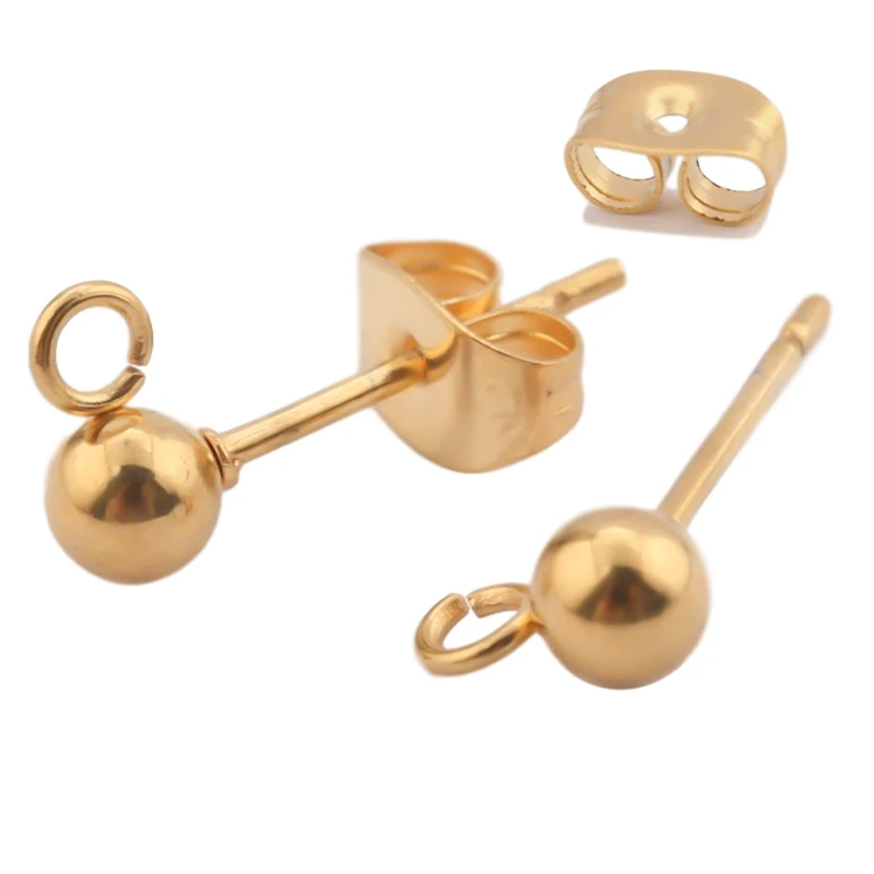 

Позолоченные шариковые серьги-гвоздики из нержавеющей стали, 100 шт., 4 мм, головка с петлей для изготовления ювелирных изделий, аксессуары