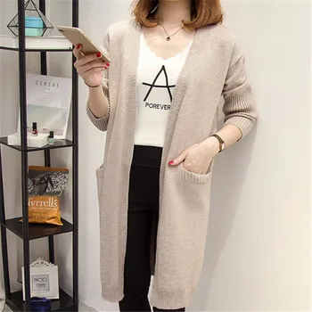 

Long Cardigan Knitting Coat Women Autumn Double Pocket Design Sweater Korean Female Loose Straight Casual Sweaters DS50863