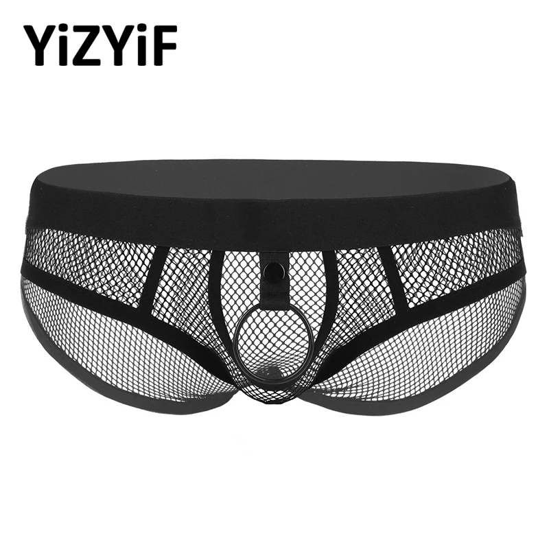 Men Fishnet Bikini Underwear Sissy Panties See Through Lingerie Low Rise Elastic Waist Open Bulge Pouch Briefs with Metal O-ring | Спорт и