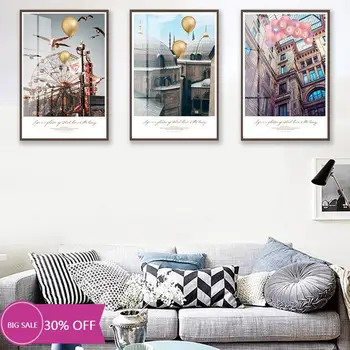 

Christmas Decoration Canvas Painting Wall Poster City and Balloon Landscape Painting Gold and Carving Decoracion Para El Hogar