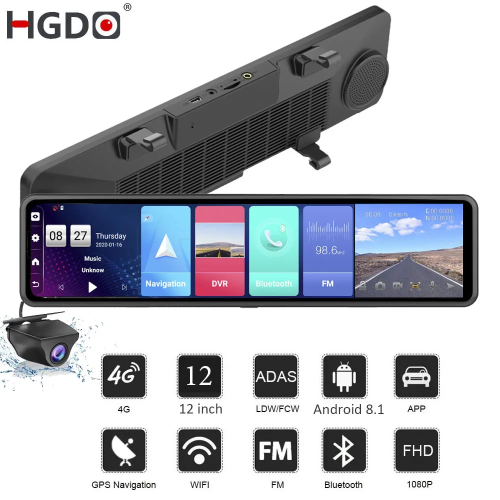 2020 HGDO 12'' 4G Car DVR Android 8.1 ADAS Rear View Mirror Camera FHD 1080P WiFi GPS Dash Cam Registrar Video Recorder 2G+32G