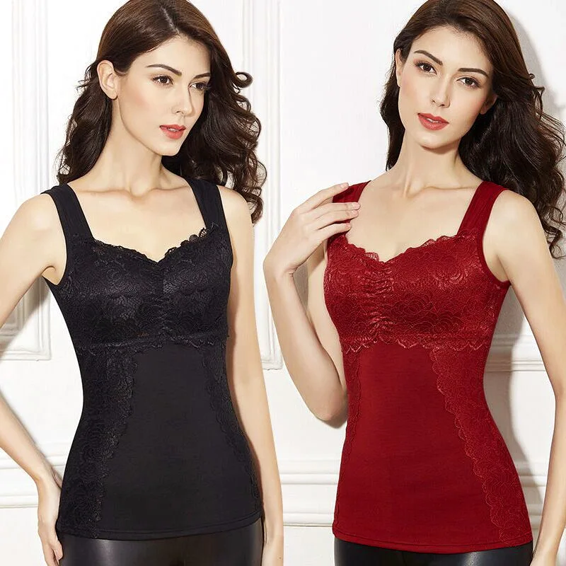 

Women Winter Warm Plus Velvet Vest Lace Slim Double Layer Plus Velvet Thick Thermal Underwear With Removable Chest Pad Large siz