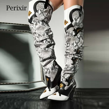 

Perixir 2020 New Women Faux Suede Over The Knee High Slouchy Boots Pointy Toe Chunky Heel Long Boots Ladies Winter Heeled Shoes