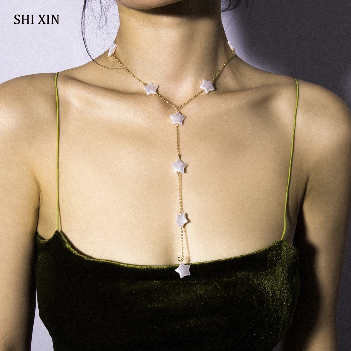 SHIXIN элегантное колье с пентаграммой для женщин простая Длинная цепочка из золота