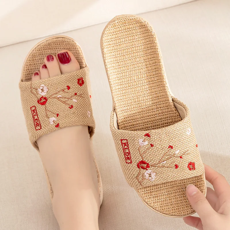 

Mntrerm Women Flax Slippers Summer Home Shoes Embroider Floral Sandals Leisure Slides Female Flip Flops Ladies Indoor Slippers