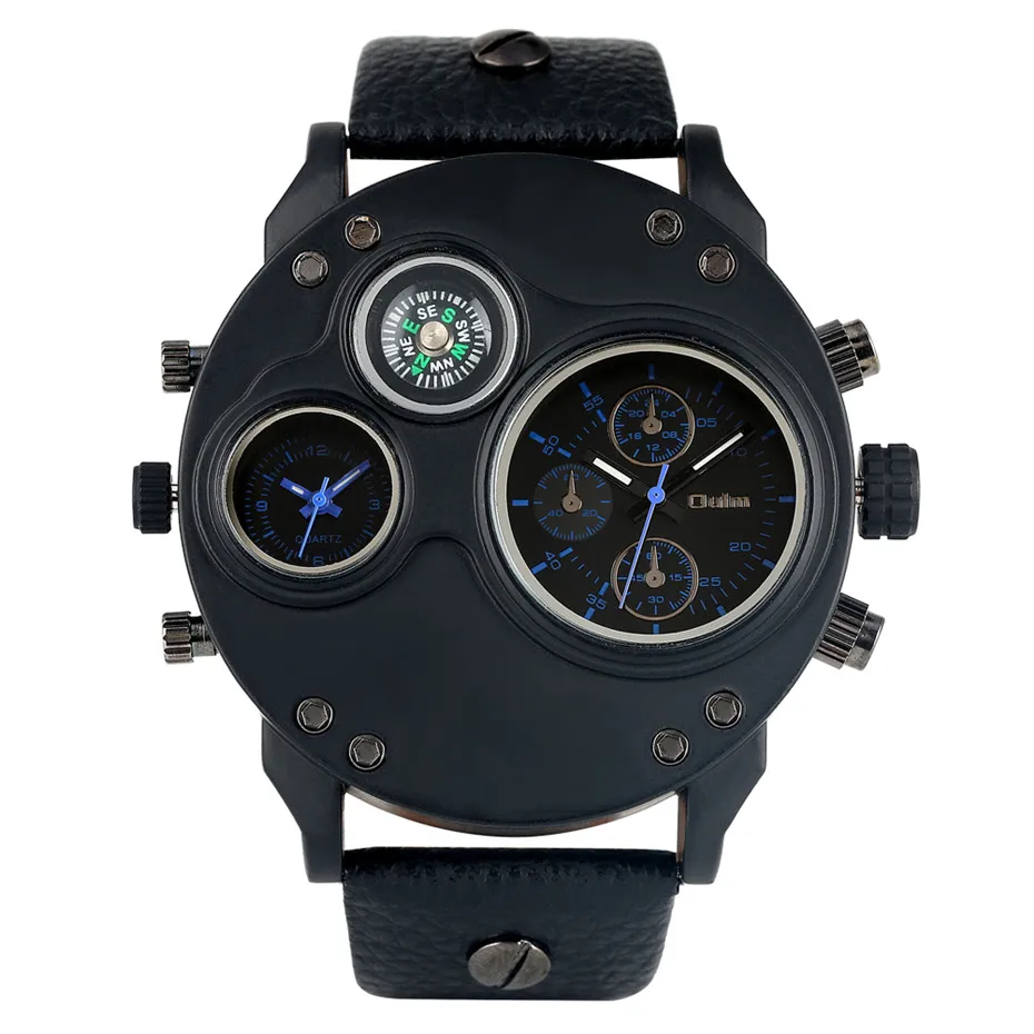 blue pointer Oulm часы с большим циферблатом, мужские кварцевые часы, двойные маленькие циферблаты, спортивные мужские часы, роскошные мужские наручные часы из натуральной кожи - Цвет: blue pointer