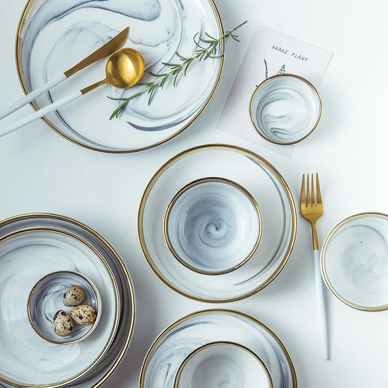 European Marble Strip Ceramics Tableware Gold Edge Ceramic Plate Household Salad Steak Dish Tray Soup Bowl Porcelain Sauce | Дом и сад