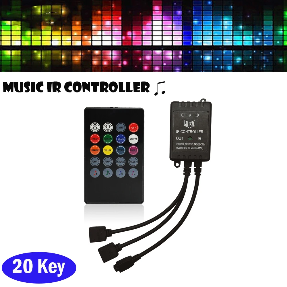 20 Key Music IR Controller สีดำ Sound Sensor รีโมทคอนโทรล DC 12V RGB