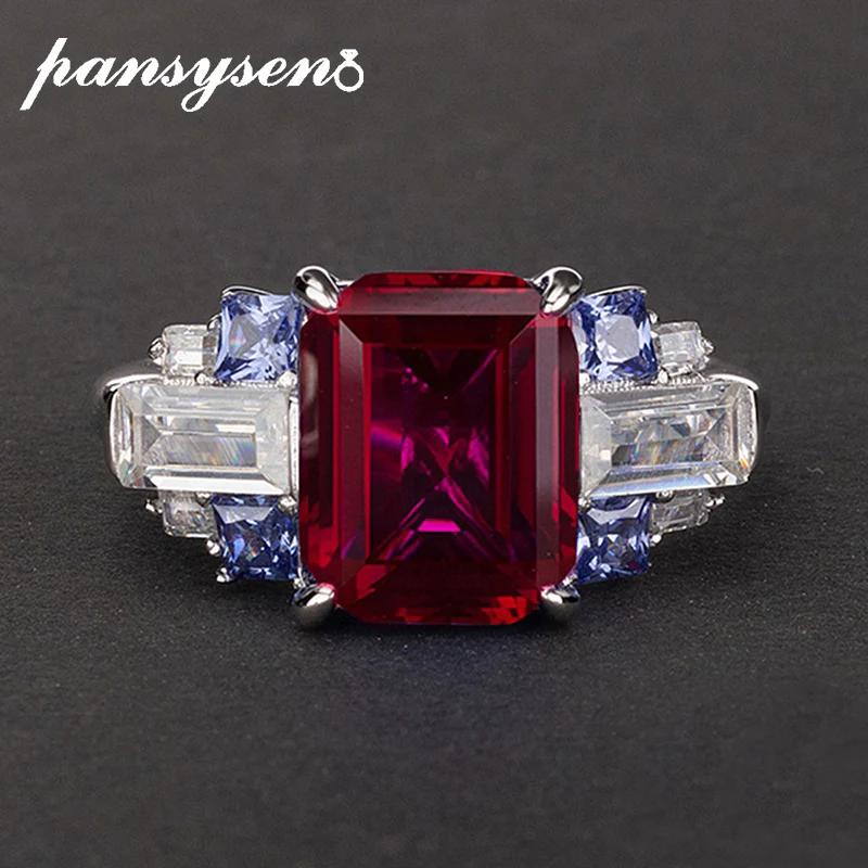 

PANSYSEN Charms 100% 925 Sterling Silver 8x10mm created moissanite Ruby sapphire Gemstone Rings for women Wedding fine jewelry