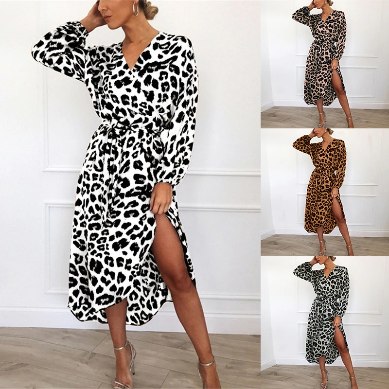Leopard Dress 2020 Women Chiffon Long Beach Loose Sleeve Deep V-neck A-line Sexy Party Vestidos de fiesta | Женская одежда
