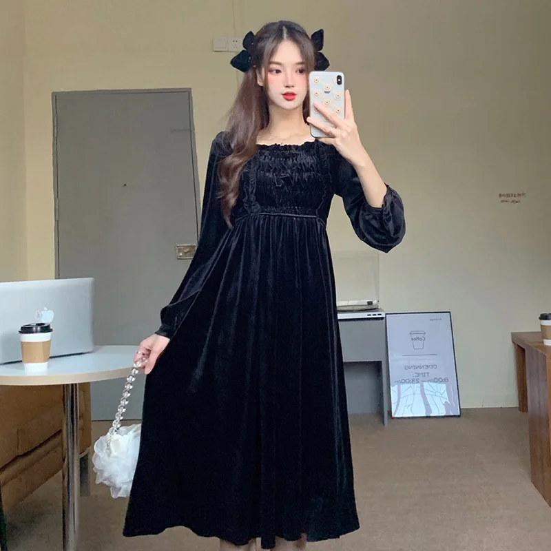 

French Style sweet lolita dreess Black Dress Autumn and Winter New Temperament High Waist Slimming Midi Dress for Children