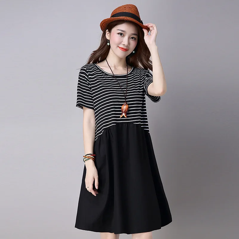 

2019 Summer New Style Literature And Art Loose-Fit Joint Striped Dress Fat Mm Large Size Short Sleeve Pleated A- line Skirt WOME