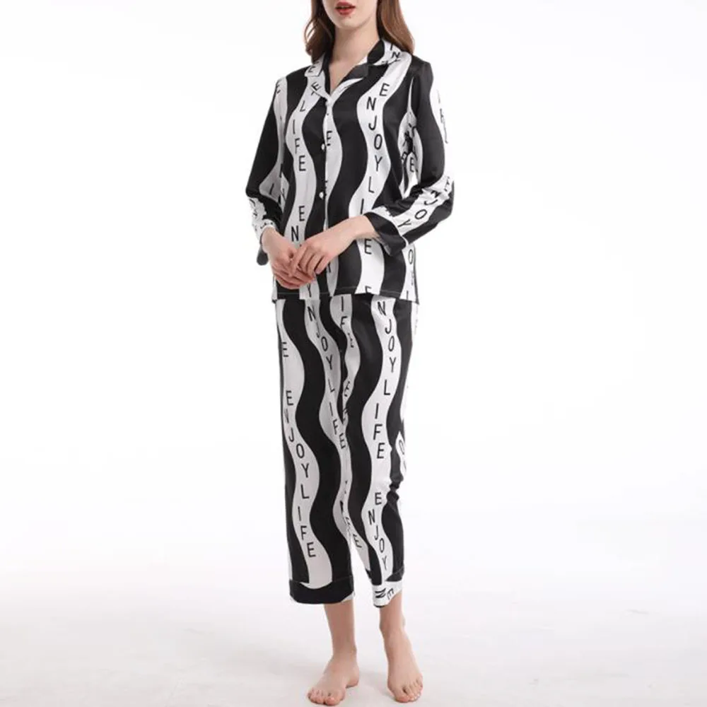 

2 Pcs Set Fashion Letter Stripe Pajama Sets For Women Spring Home Sleepwear Shirt Pants Pyjama Suit Black White Satin Pajamas