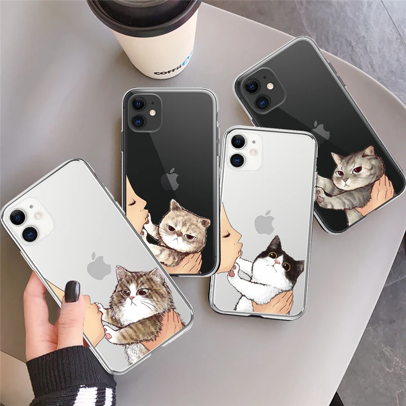 Cute Cat Phone Case For iPhone 13 12 11 Pro Max X XR XS Max 7 8 6 6s Plus 12 13 Mini 5 5S SE2020 Soft TPU Transparent Back Cover case for iphone 13 