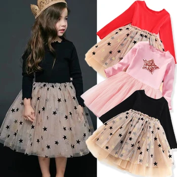 

2019 Winter Knitted Chiffon Girl Dress Christmas Party Long Sleeve Children Clothes Kids Dresses For Girls New Year Clothing