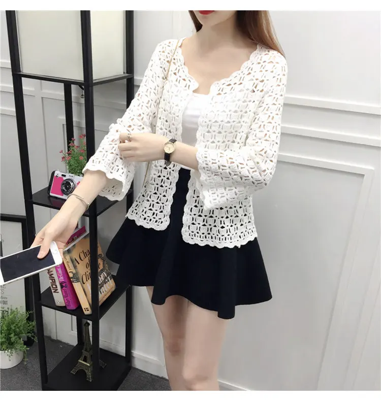 Camisas Mujer весна лето вязанная крючком белая кружевная блузка женские топы сексуальные выдалбливают вязаный кардиган Chemise Femme DF322