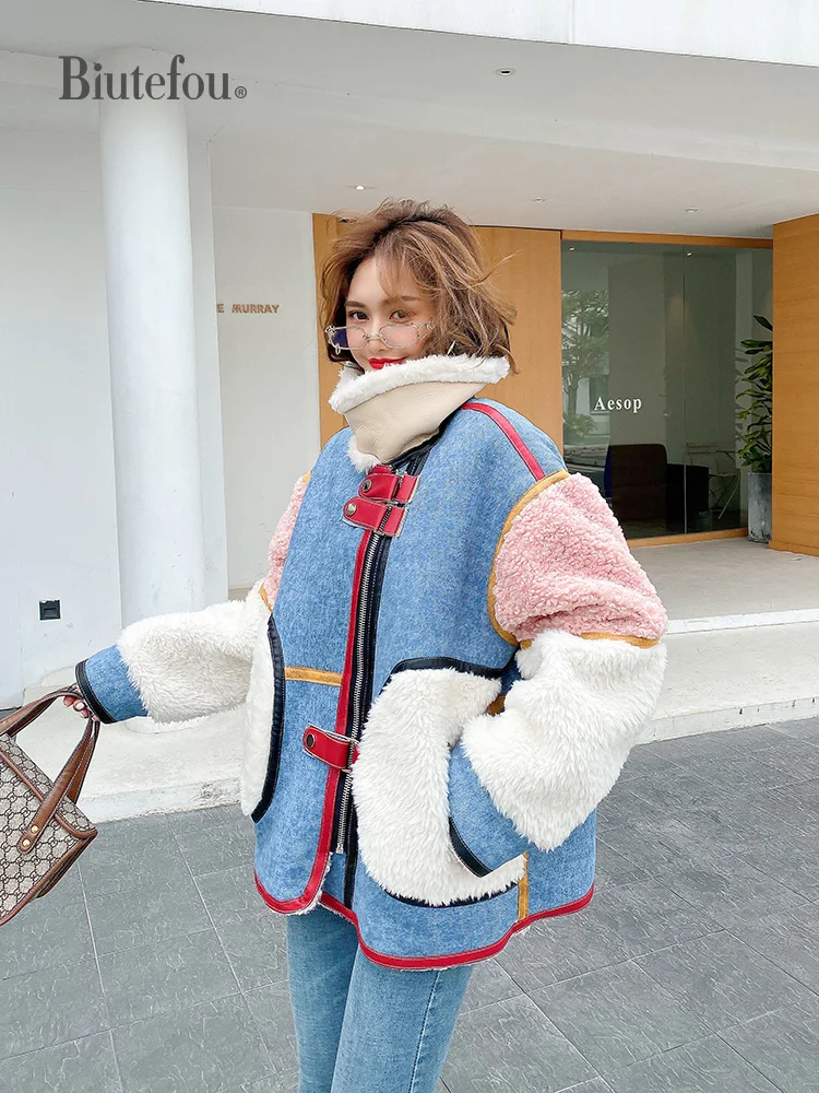 

2020 Winter Women Fleece Hairy Denim Parkas Thick Turtleneck Jacket