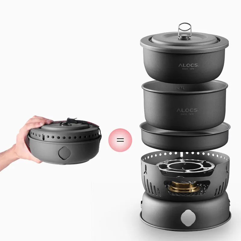 US $70.87 Alocs 24 Person Cooking Set 10 Pieces Camping Cookware Outdoor Hiking Picnic Utensil Spirit Stove Alcohol Cooker Pot Windshield