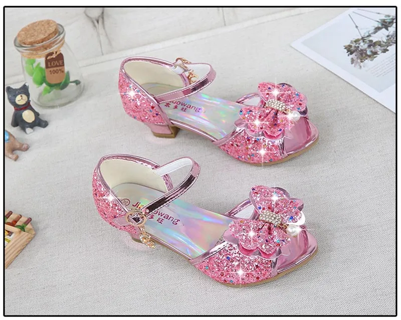 leather girl in boots Princess Kids Leather Shoes for Girls Flower Casual Glitter Children High Heel Girls Shoes Butterfly Knot Blue Pink Silver extra wide children's shoes