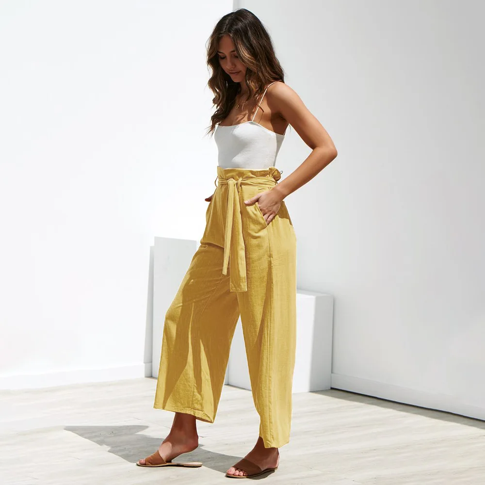 

Casual Cotton Linen women high waist wide leg pants New summer fall office band loose palazzo trousers female flared harem pant