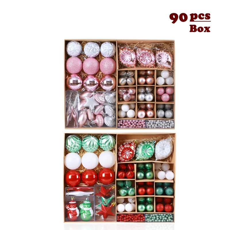 

90pcs/Set Mixed Color Shaped Christmas Balls Ribbon Christmas Tree Hang Pendant Decoration For Home Party Wedding Decoration