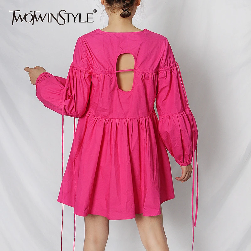 TWOTWINSTYLE Hollow Out Dresses For Women V Neck Lantern Sleeve Backless Elegant Dress Female 2020 Summer Fashion New Clothing TWOTWINSTYLE Hollow Out Dresses For Women V Neck Lantern Sleeve Backless Elegant Dress Female 2020 Summer Fashion New Clothing