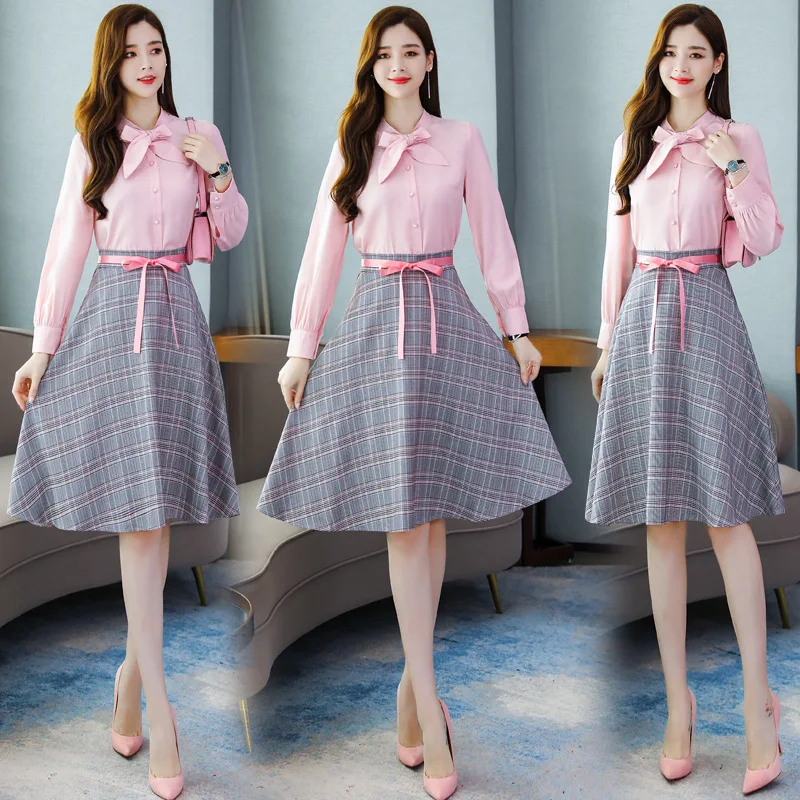 

2019 Autumn New Style Shirt Collar Joint Plaid Dress Simple Elegant Smart Elegant Set/Suit Skirt