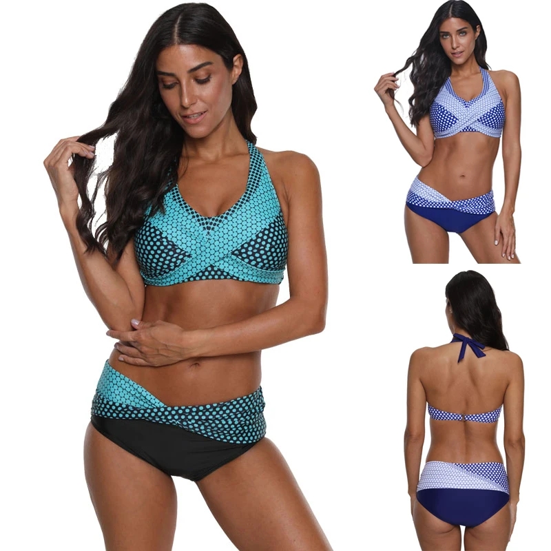 

Retro Women Swimsuit High Quality Dot Print Bikini Set Halter Swimwear Branzilian Bathing Suit Female Biquini Plus size S~4XL