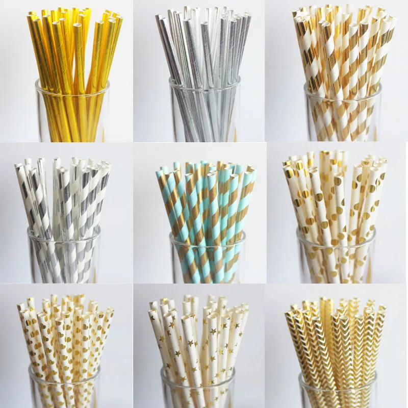 25pcs Metallic Gold Paper Straws Star Striped Birthday Wedding Decoration Baby Shower Party Foil Creative Drinking Straws Xmas