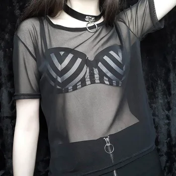 

Rosetic Transparent Mesh Top Women Tshirts 2020 Casual Black Gothic Fashion Sexy Tee Shirt Summer Tshirt Club Goth Tops Girl