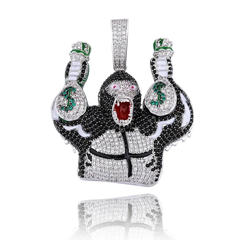 

Hip Hop Micro Paved CZ Stone Bling Ice Out Holding Dollars Money Bag Gorilla Pendants Necklace for Men Rapper Jewelry